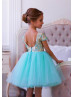 Cap Sleeves Tiffany Blue Jacquard Tulle V Back Flower Girl Dress